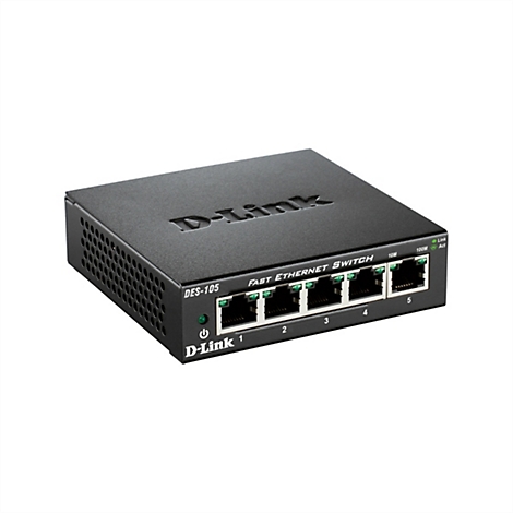 Commutateur Ethernet rapide D-Link noir avec cinq ports, étiquetage et voyants LED verts.