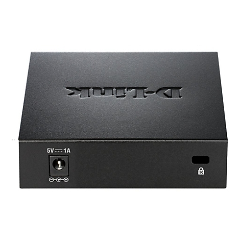 Routeur D-Link noir, dessus avec logo, avant avec entrée d'alimentation et symbole de sécurité.