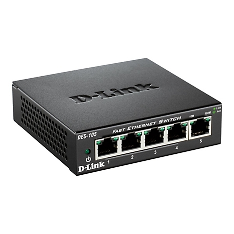 Un commutateur Ethernet rapide D-Link noir. L'avant comporte cinq ports réseau et des LED. Le haut indique D-Link.