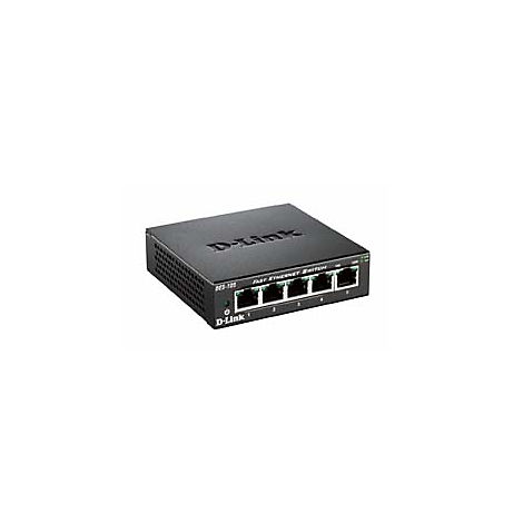 Un commutateur Ethernet rapide D-Link noir avec cinq ports. Le commutateur est capturé légèrement en biais d'en haut.