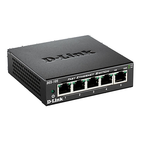 Commutateur Fast Ethernet D-Link noir. Cinq ports, étiquetés: DES-105, 1, 2, 3, 4, 5. Logo et nom de marque bien en évidence.