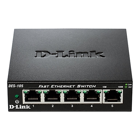 Schwarzer D-Link Fast Ethernet Switch mit fünf Anschlüssen. Aufschrift: DES-105, Fast Ethernet Switch, D-Link.