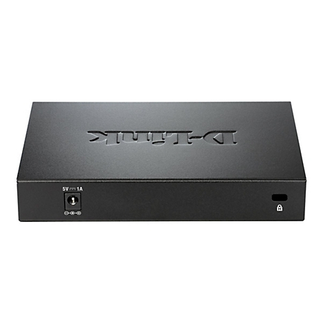 Schwarzer Netzwerk-Switch von D-Link. Oben erhaben der Schriftzug, auf der Vorderseite Anschlüsse.