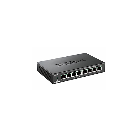 Schwarzer D-Link Ethernet Switch mit acht Anschlüssen, Beschriftung auf der Oberseite.