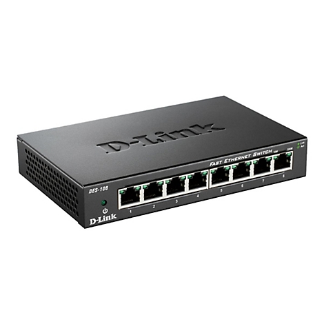 Ein schwarzer D-Link Fast Ethernet Switch DES-108 mit acht Ports, Beschriftung und LED-Anzeigen.