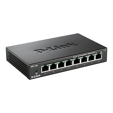 Schwarzer D-Link Fast Ethernet Switch mit 8 Ports. Beschriftung: DES-108, 10M, Link, Act.