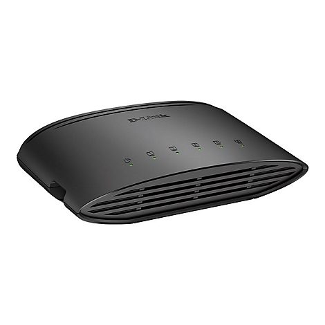 Commutateur Ethernet D-Link noir. Logo en haut et voyants verts.