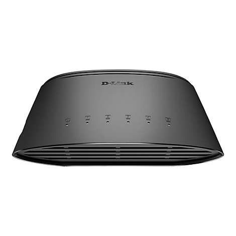 Schwarzer D-Link-Router mit grünen LEDs. Oben steht der Markenname. Das Gerät hat ein trapezförmiges Design.