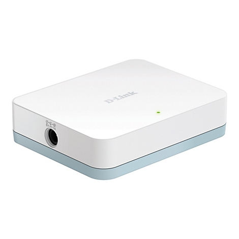 D-Link-Router. Weißes Gerät mit blauer Basis, grünem Licht und seitlicher Anschlussbuchse.