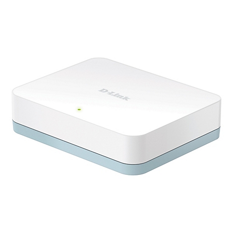 Ein weißes D-Link-Gerät mit hellblauer Basis, oben rechts ist der Schriftzug D-Link zu sehen. Auf der Oberseite befindet sich eine grüne LED.