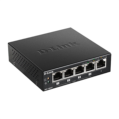 Commutateur réseau D-Link noir avec cinq ports, étiquettes et LED.