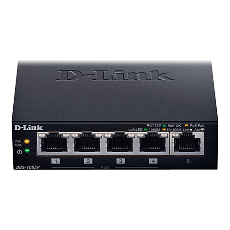 Commutateur réseau D-Link noir. Cinq ports Ethernet, voyants lumineux, numéro de modèle DGS-1005P. Logo D-Link.