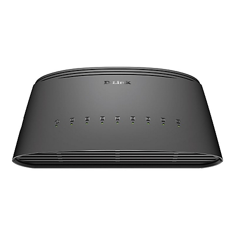 Dunkelgrauer D-Link-Switch, Frontansicht. Oben steht D-Link, darunter leuchten grüne LEDs. Das Gerät ist auf weißem Hintergrund platziert.