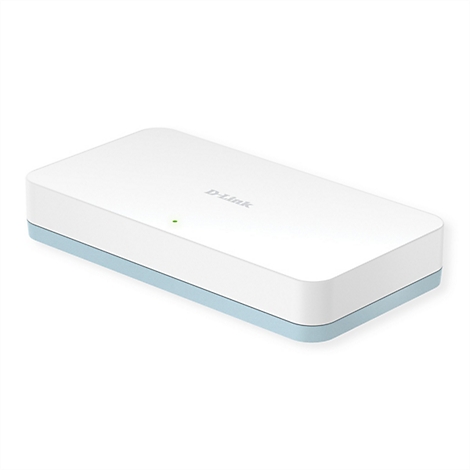 Routeur D-Link blanc avec bord bleu clair et lumière verte. D-Link écrit dessus.