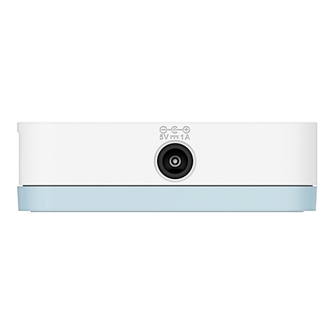 Gros plan d'un appareil blanc avec une base bleu clair et un connecteur noir portant la mention "5V == 1A".