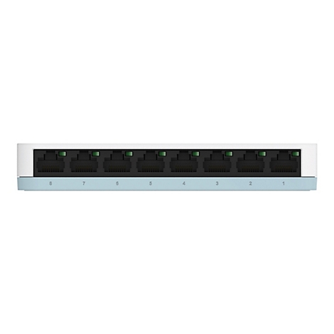 Un commutateur réseau blanc et bleu clair avec huit ports Ethernet. Chaque port dispose d'une LED verte. Les ports sont numérotés de 1 à 8.