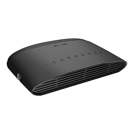 Commutateur réseau noir avec logo D-Link et LED vertes.