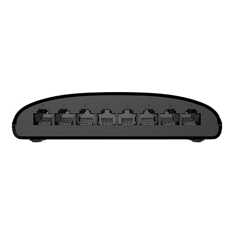 Commutateur réseau noir avec huit ports Ethernet, numérotés de 1 à 8.
