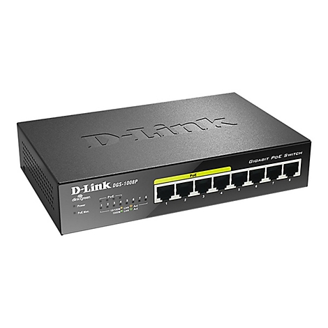 Commutateur D-Link Gigabit PoE noir, huit ports en façade. Texte : D-Link, DGS-1008P, Gigabit PoE Switch.