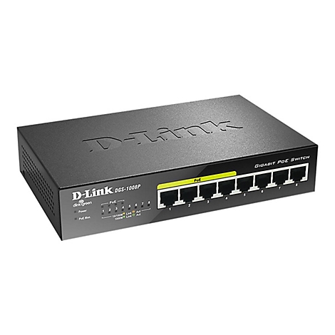 Un commutateur Gigabit PoE D-Link noir. Inscription : D-Link DGS-1008P. Sur le devant : 8 ports Ethernet et étiquette PoE.