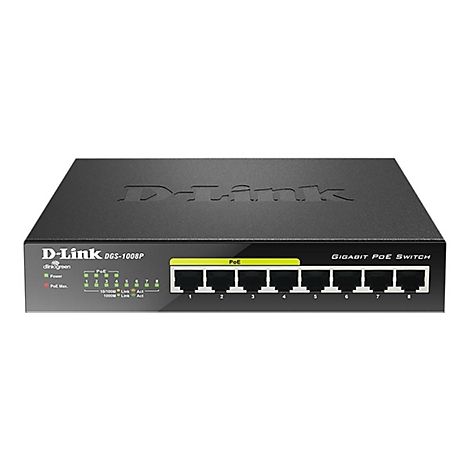 Ein schwarzer D-Link DGS-1008P Gigabit PoE Switch. Er hat 8 Ports und eine Anzeige für Power und PoE.