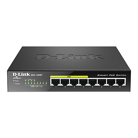 Ein schwarzer D-Link Gigabit PoE Switch, Modell DGS-1008P, mit acht Ports und LED-Anzeigen.