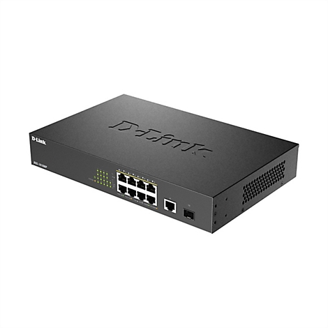 Schwarzer D-Link Netzwerkswitch, oben Logo und Produktbezeichnung. Front mit Anschlüssen und LEDs.