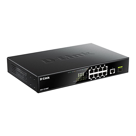 Schwarzer D-Link Netzwerkswitch mit zahlreichen Anschlüssen und LEDs, vor weißem Hintergrund.