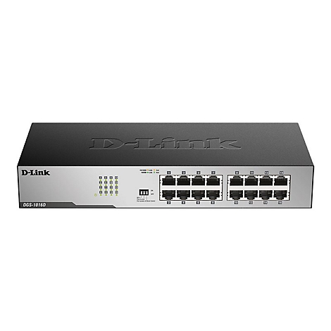 D-Link DGS-1016D Switch. Schwarz-silbernes Gerät mit 16 Ports. Rechts sind die Ports, links Kontroll-LEDs und ein Schalter.