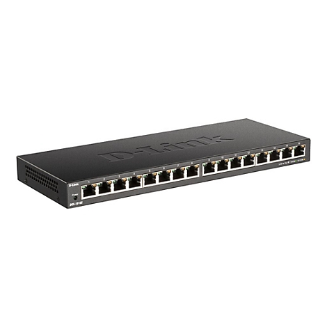 Schwarzer D-Link-Switch mit 16 Ports. Beschriftung: D-Link, DGS-1016S, Ports 1 bis 16.