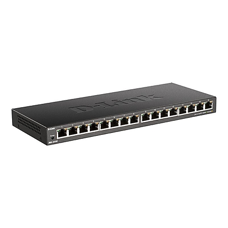 Ein schwarzer D-Link Netzwerkswitch mit 16 Ports, auf weißem Hintergrund.