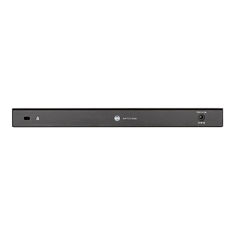 Schwarzer Netzwerk-Switch. Aufschrift: Switch GND, 12V 1A.