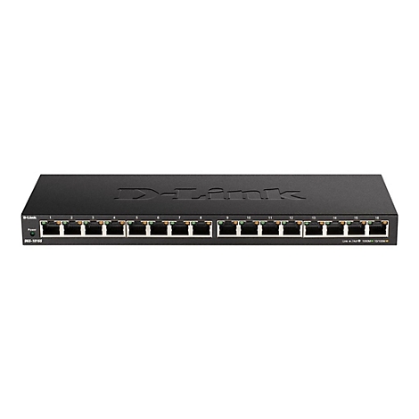 Schwarzer D-Link Netzwerk Switch mit 16 Ports. Beschriftung: DGS-1016S.