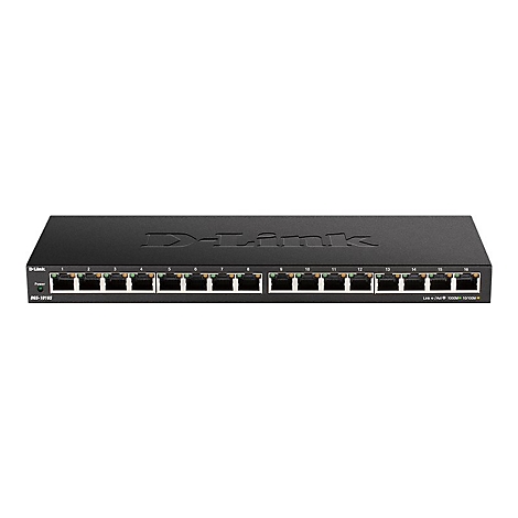 Schwarzer Netzwerk-Switch mit 16 Ports, D-Link Logo, Anschlüsse nummeriert.