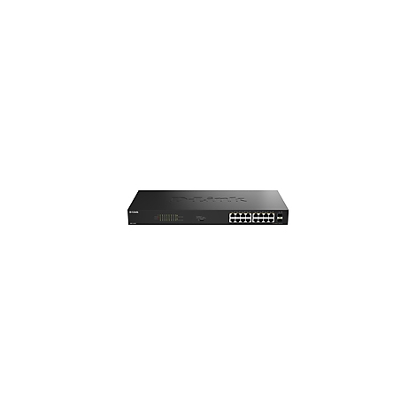 Schwarzer Netzwerk-Switch mit mehreren Anschlussbuchsen, D-Link Logo, Typbezeichnung.