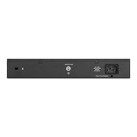 Commutateur réseau gris foncé avec des ports, dont un port d'alimentation et l'inscription 'Power Cord Retainer'.
