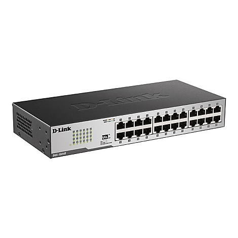 Commutateur réseau D-Link noir avec 24 ports. L'appareil dispose de connecteurs et de voyants.