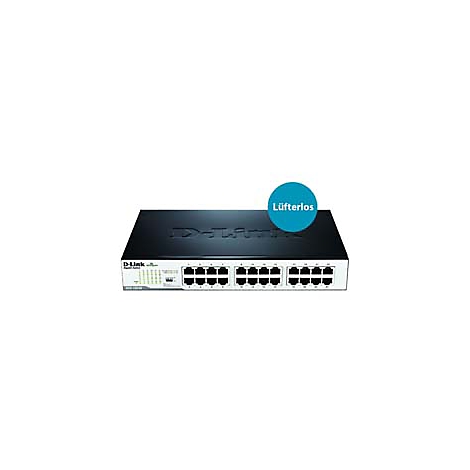 Un commutateur réseau D-Link noir avec 24 ports sur fond blanc. Un cercle bleu avec le texte "Sans ventilateur".