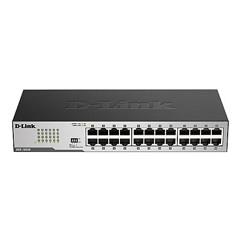 Un commutateur D-Link noir avec 24 ports Ethernet. Les ports et les voyants lumineux sont visibles à l'avant. Le nom du fabricant est en haut.