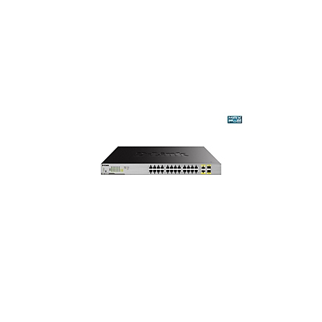 Un commutateur D-Link noir avec de nombreux ports sur fond blanc. Logo May POE en haut à droite.