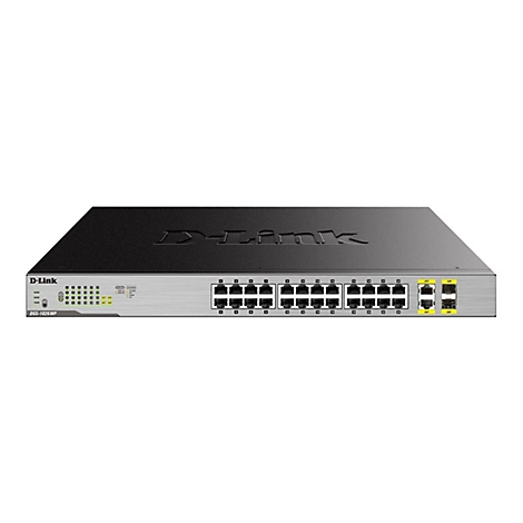 Ein schwarzer D-Link Netzwerkswitch mit 24 Ports und zwei SFP-Ports, vor weißem Hintergrund. Oben steht der Schriftzug D-Link.