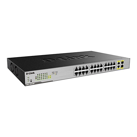 Ein D-Link DGS-1026MP Switch, schwarz und silber, mit zahlreichen Ethernet-Anschlüssen.