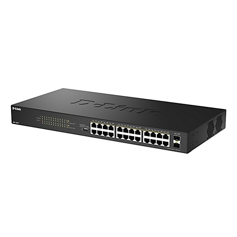 Ein schwarzer D-Link Netzwerkswitch mit zahlreichen Anschlüssen und Anzeigen, vor weißem Hintergrund.