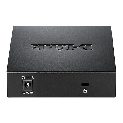 Commutateur réseau D-Link noir. Inscription 'D-Link'. Connecteurs pour l'alimentation et un verrou de sécurité.