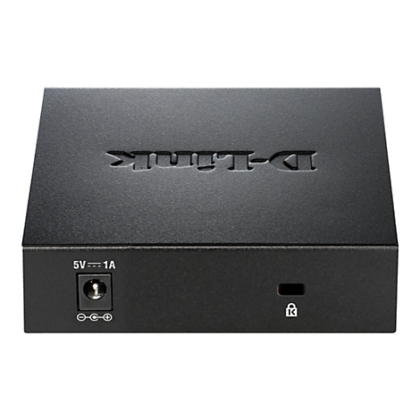 Commutateur réseau D-Link noir. Le nom de la marque est sur le dessus. Il y a des ports et un symbole de cadenas sur le devant.