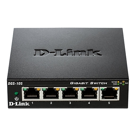 Commutateur Gigabit D-Link noir, étiqueté 'DGS-105'. Comporte cinq ports Ethernet et des voyants. Le logo D-Link est affiché en haut.