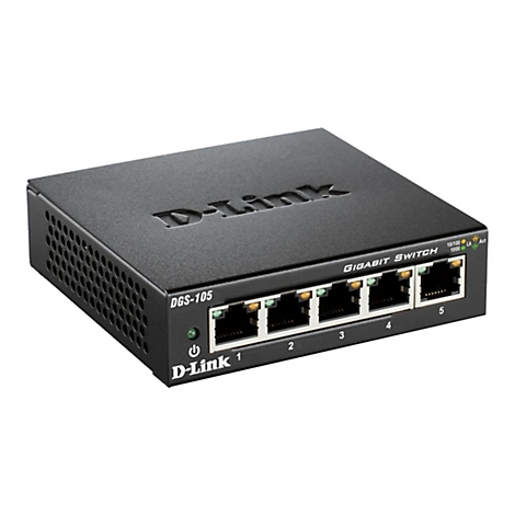 Commutateur Gigabit D-Link noir, étiqueté 'DGS-105', ports numérotés de 1 à 5, LED et logo D-Link.