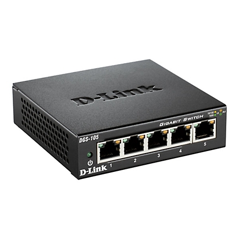 Schwarzer D-Link Gigabit Switch mit fünf Ports. Beschriftung: D-Link, Gigabit Switch, DGS-105.