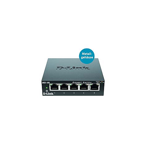 Ein schwarzer D-Link Gigabit Switch mit fünf Anschlüssen. Ein grünes Licht zeigt den Betrieb an.