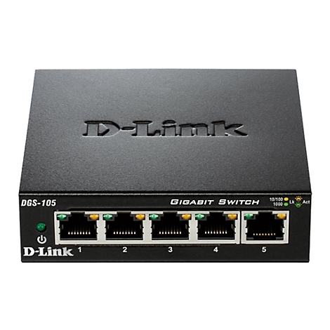 Schwarzer D-Link Gigabit Switch DGS-105 mit 5 Ports und Beschriftungen: Gigabit Switch, Lk, Act.
